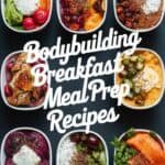 A collection of bodybuilding breakfast meal prep recipes displayed in individual bowls, featuring healthy ingredients like eggs, vegetables, and fruits, designed for fitness enthusiasts.