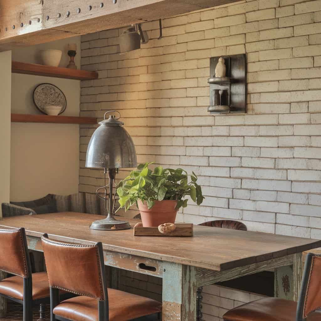 Rustic dining area featuring a wooden table with leather chairs, potted plant centerpiece, and a brick wall backdrop, complemented by shelves displaying decorative items.