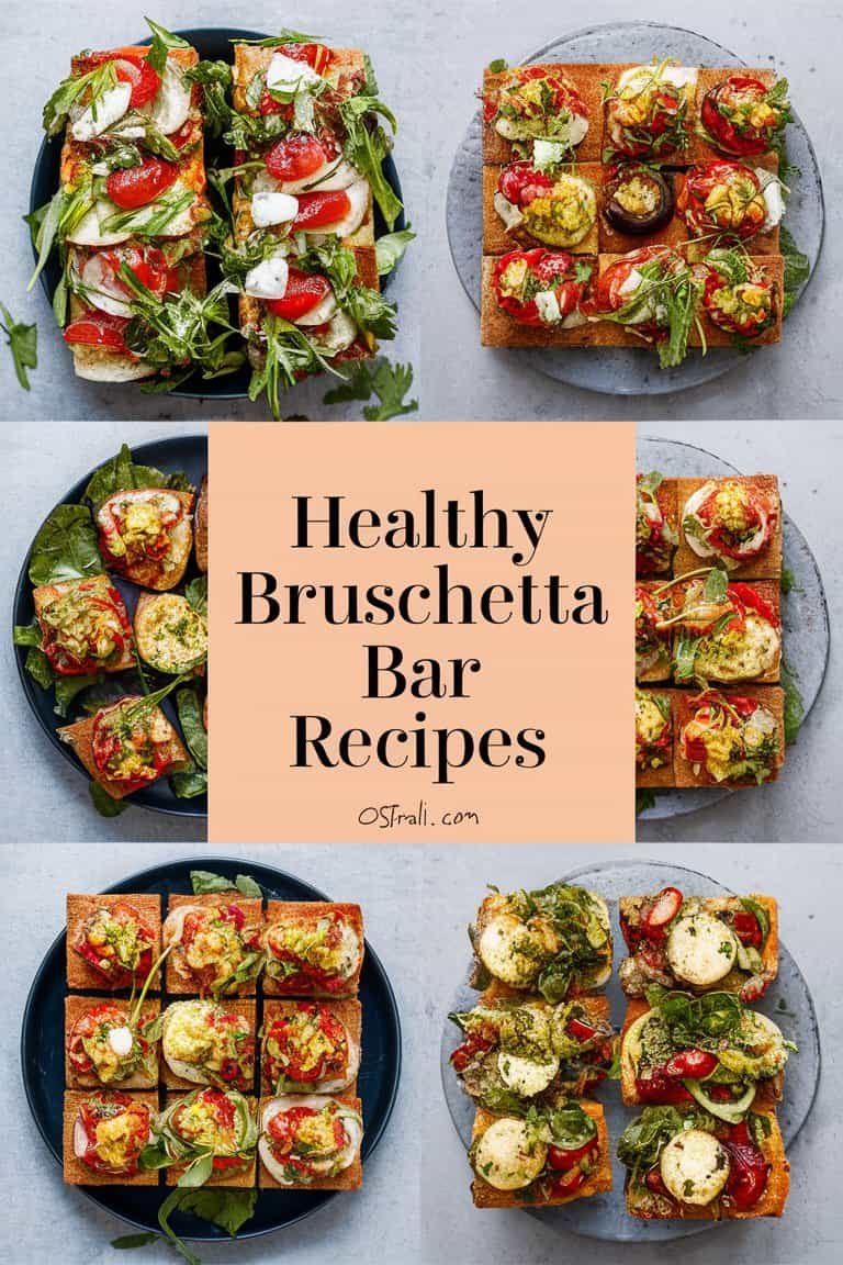 Healthy bruschetta bar recipes featuring a variety of colorful toppings on toasted bread, displayed on multiple plates. Ideal for appetizers or party snacks.