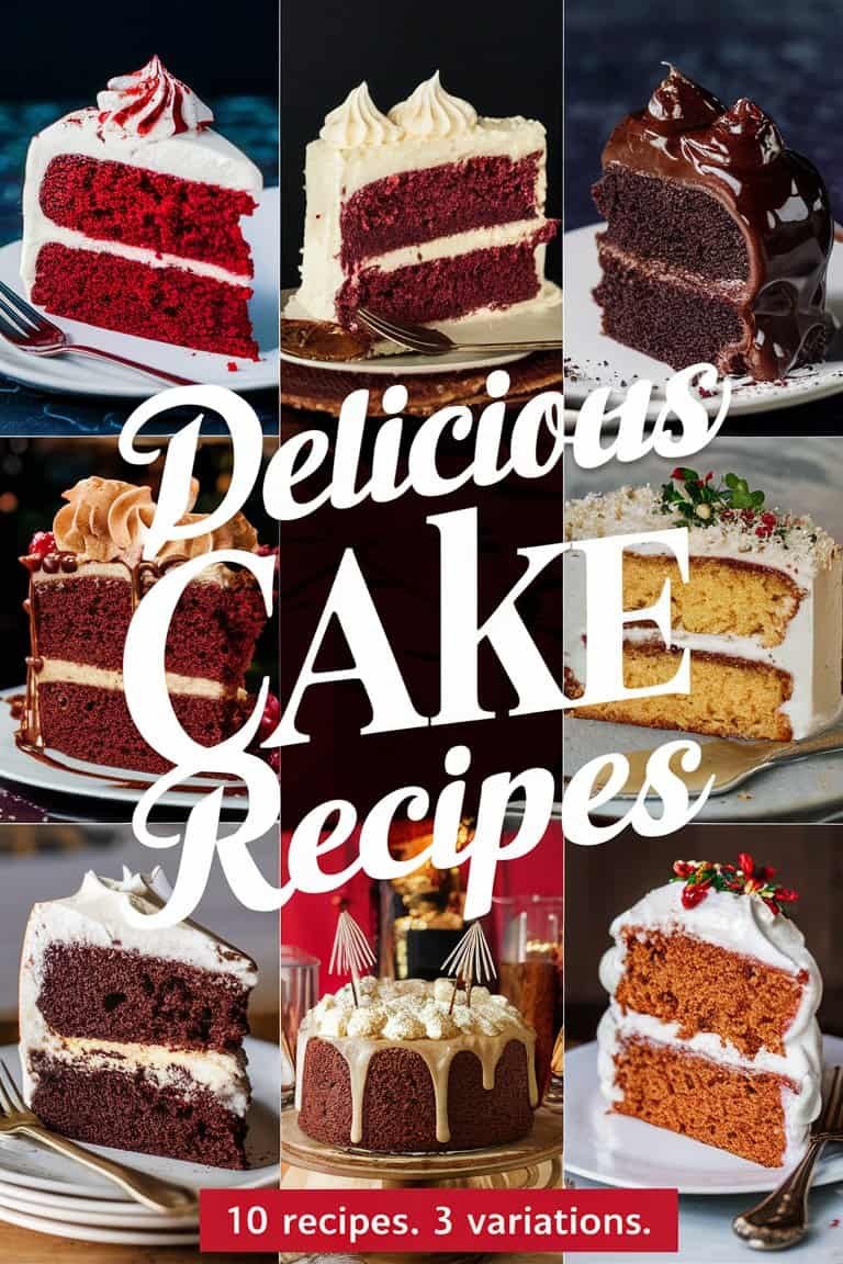 A collage of various delicious cake recipes featuring slices of red velvet, chocolate, and yellow cake with decorative toppings, showcasing a variety of textures and flavors.