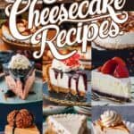 A collage of various cheesecake desserts, showcasing different styles and toppings, with the text "Easy Cheesecake Recipes" prominently displayed at the top.