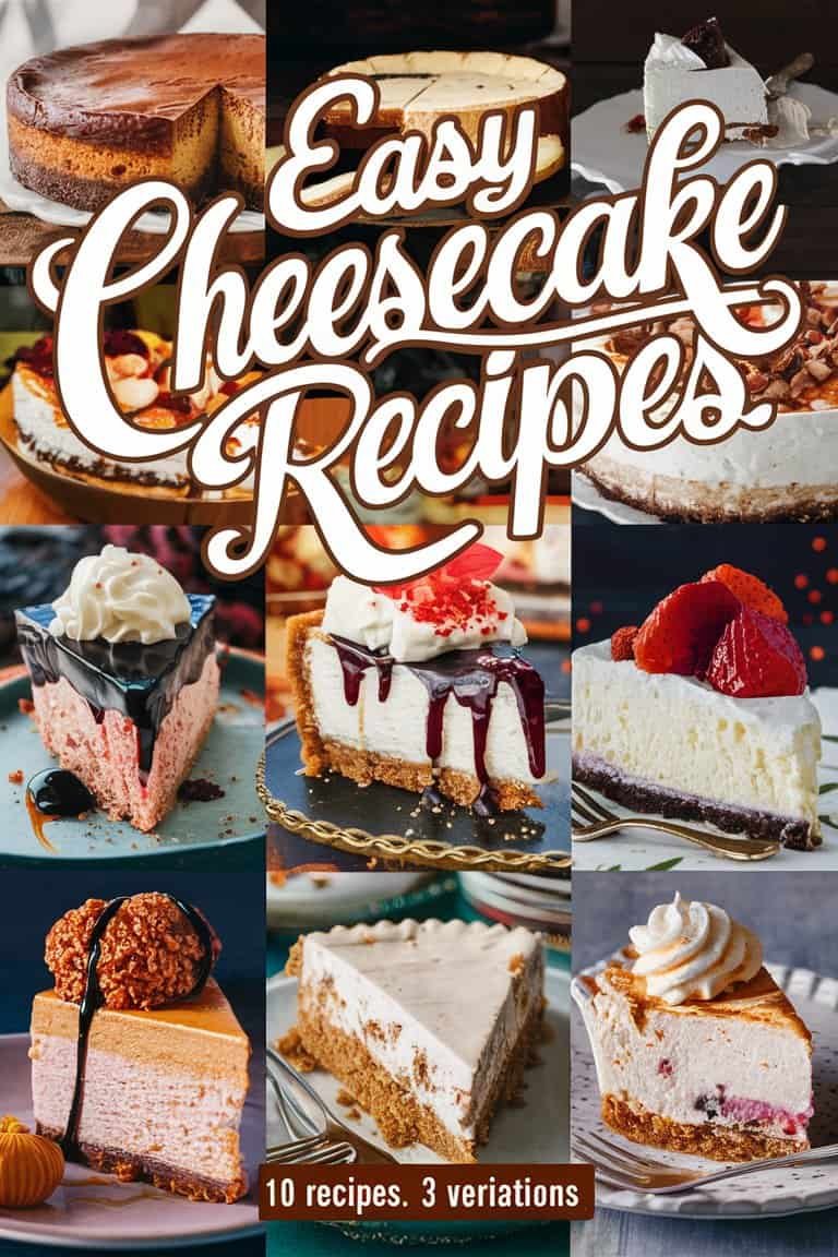 A collage of various cheesecake desserts, showcasing different styles and toppings, with the text "Easy Cheesecake Recipes" prominently displayed at the top.