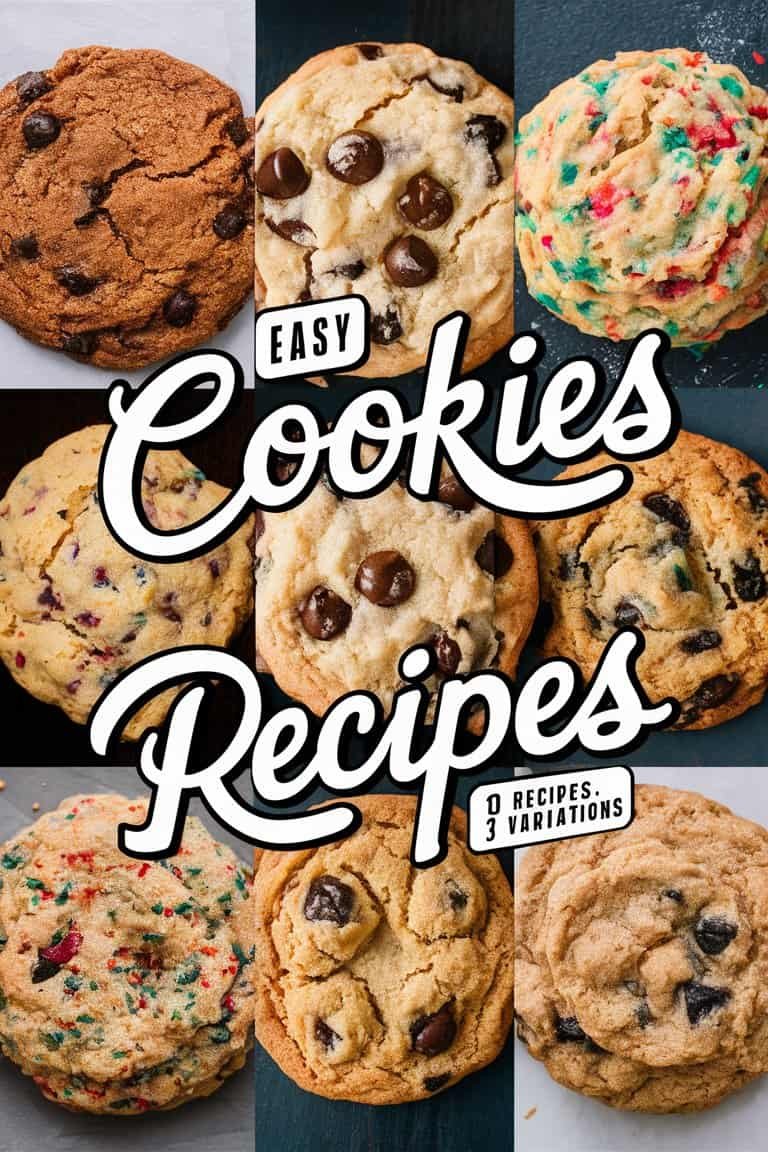 A variety of delicious homemade cookies displayed, featuring chocolate chip, festive sprinkles, and nutty options, with the text "Easy Cookies Recipes" overlaid.