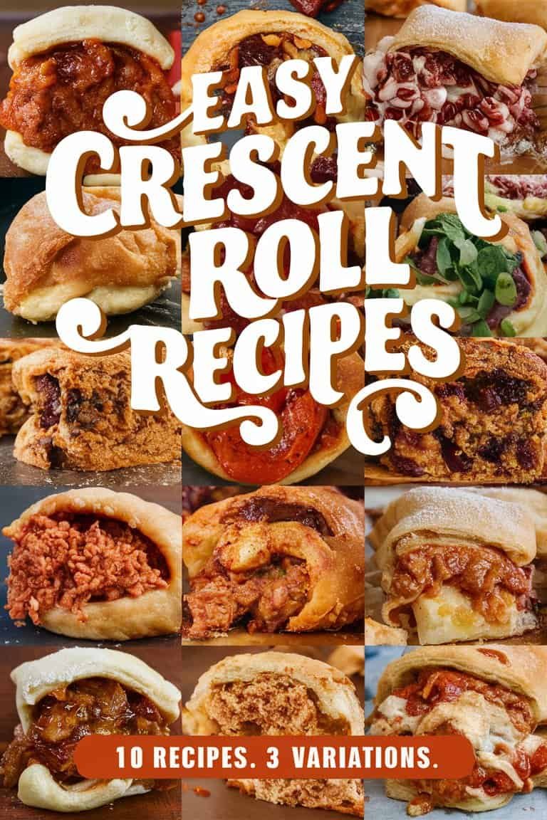 A collage of various crescent roll recipes, featuring different fillings and toppings, showcasing a variety of savory and sweet options. The text overlay reads "Crescent Roll Recipes."