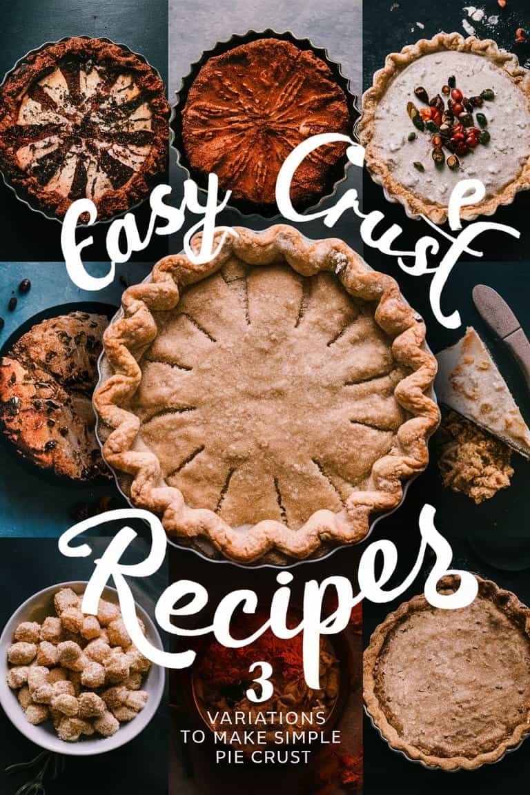 An assortment of baked goods featuring a golden pie crust, surrounded by various desserts, with the words "Easy Crust Recipes" prominently displayed.