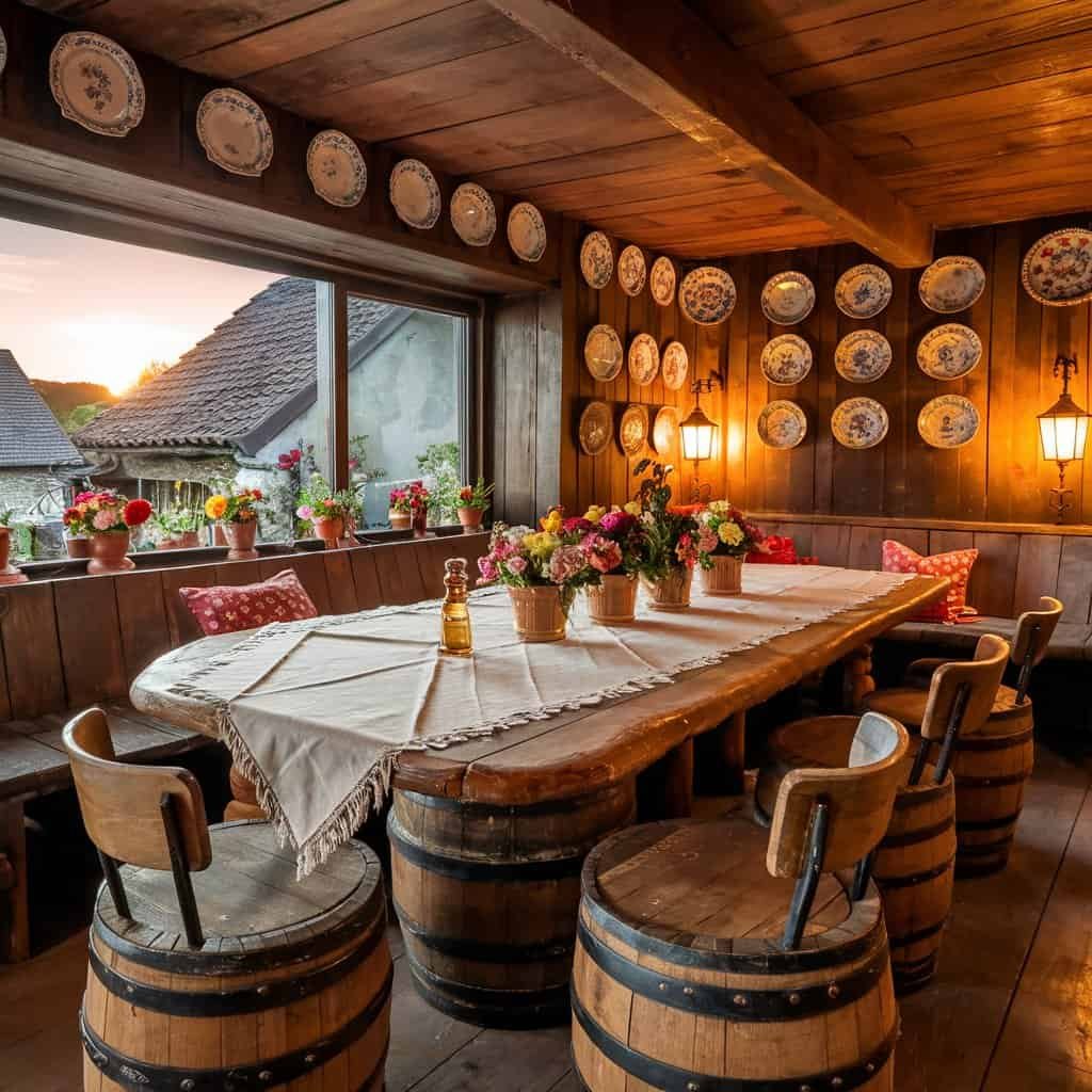 Cozy rustic dining room with a large wooden table surrounded by barrel stools, adorned with flower arrangements and decorative plates on the walls, illuminated by warm lighting and a scenic window view.