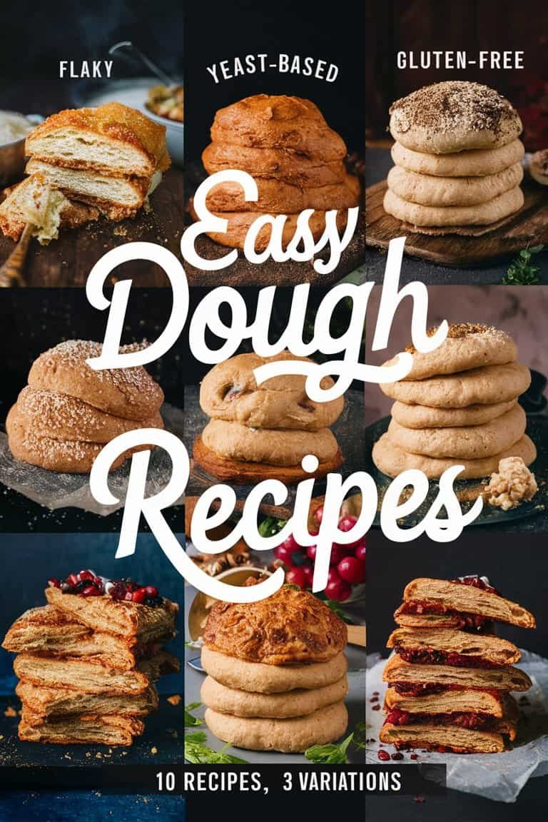 A collection of easy dough recipes featuring various baked goods, including cookies, pastries, and breads, showcasing a variety of textures and toppings.