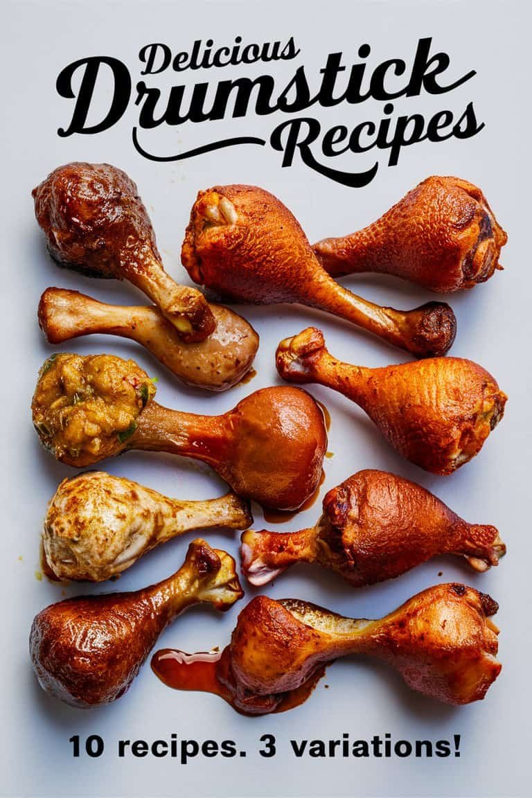 Assorted cooked chicken drumsticks arranged in a visually appealing layout, showcasing various cooking styles and flavors, with a recipe title in an elegant font above.