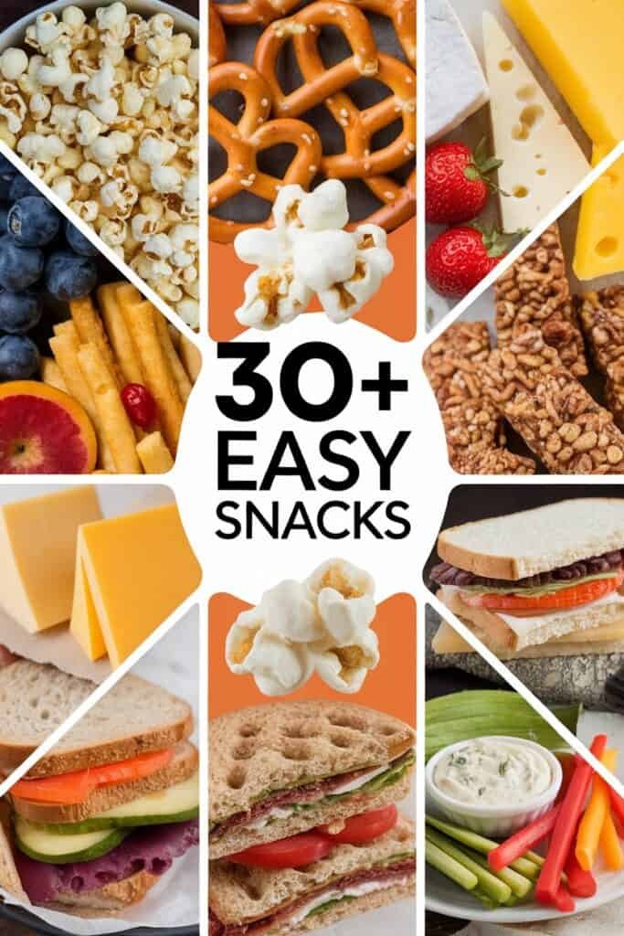 A collage of over 30 easy snack ideas, featuring popcorn, pretzels, fresh fruits like blueberries and strawberries, assorted cheeses, granola bars, and colorful veggie sticks with dip, showcasing a variety of healthy and convenient options for quick snacking.