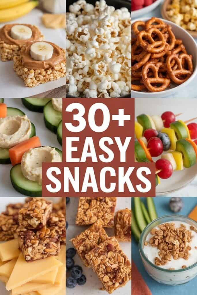 A collage of 30+ easy snack ideas featuring healthy options like banana and peanut butter rice cakes, popcorn, pretzels, cucumber slices with hummus, fruit skewers, granola bars, and yogurt topped with crunchy cereal. Perfect for quick and nutritious snacking.