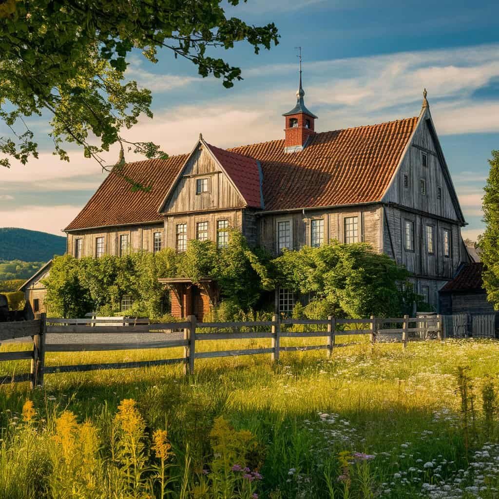 Historic wooden farmhouse surrounded by lush greenery and wildflowers, set against a backdrop of blue skies and rolling hills. Ideal for showcasing architectural beauty and rural landscapes.