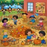 Children engaged in fall activities at a pumpkin patch, surrounded by autumn leaves, pumpkins, and colorful decorations, showcasing a festive outdoor environment.