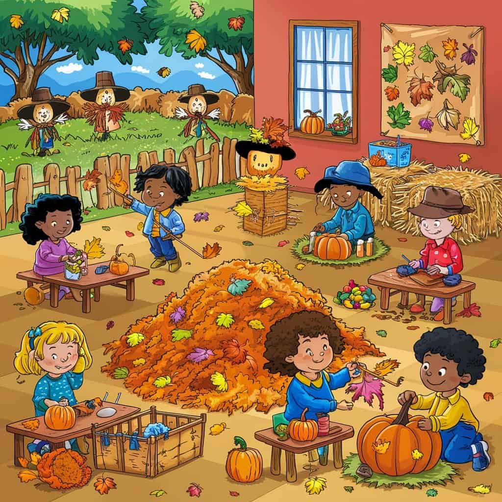 Children engaged in fall activities at a pumpkin patch, surrounded by autumn leaves, pumpkins, and colorful decorations, showcasing a festive outdoor environment.