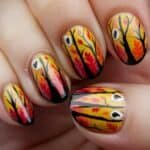 Autumn-themed nail art featuring colorful leaves and trees on a gradient background, showcasing intricate designs in warm hues of orange, red, and yellow.