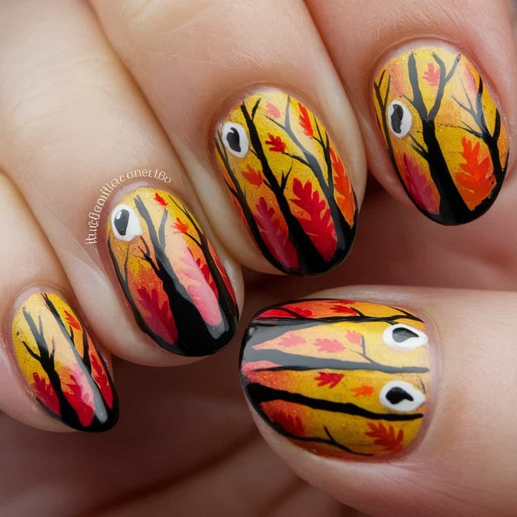 Autumn-themed nail art featuring colorful leaves and trees on a gradient background, showcasing intricate designs in warm hues of orange, red, and yellow.