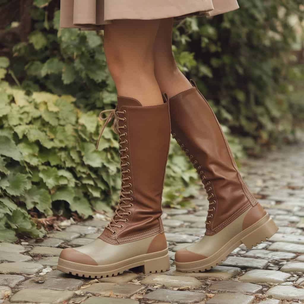 Woman wearing stylish brown knee-high boots with a lace-up design, walking on a cobblestone path surrounded by greenery.