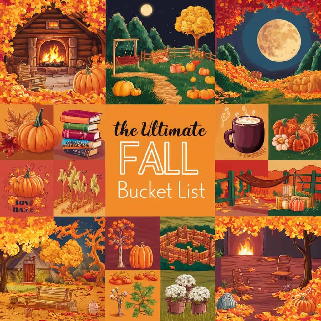 Colorful collage of autumn-themed images featuring a cozy fireplace, pumpkins, fall foliage, a full moon, books, and seasonal activities, showcasing the ultimate fall bucket list.