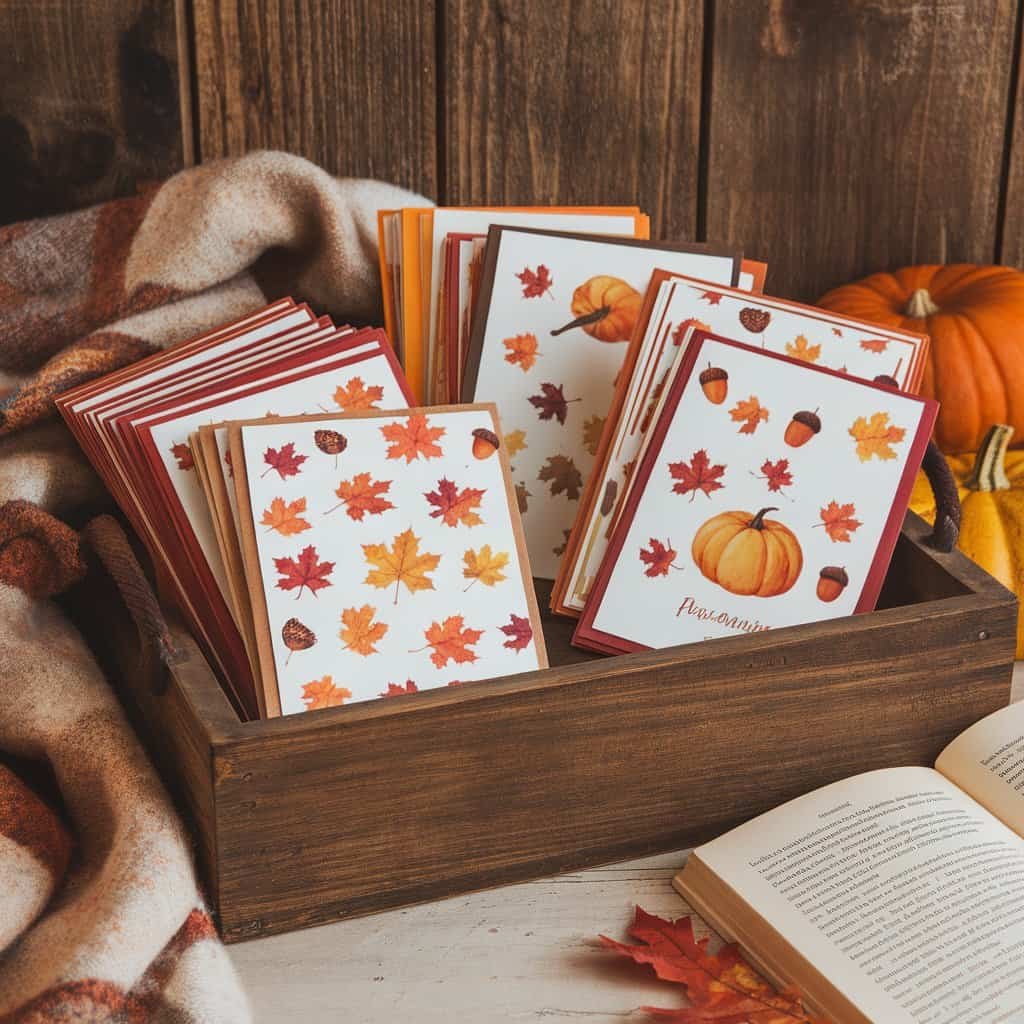 A cozy autumn-themed display featuring a wooden crate filled with seasonal books adorned with colorful leaf and pumpkin designs, surrounded by a soft blanket and a small decorative pumpkin.