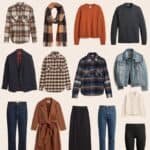 A collection of stylish fall family photo outfits featuring flannel shirts, cozy sweaters, scarves, denim jackets, jeans, and boots. Ideal for capturing memorable autumn moments with family.