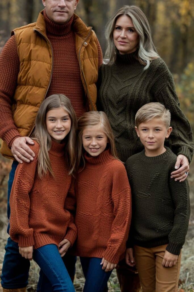 Family portrait featuring five members dressed in cozy fall sweaters, standing outdoors amidst autumn foliage. The adults wear warm layers, while the children sport matching sweaters, creating a harmonious and inviting family atmosphere.