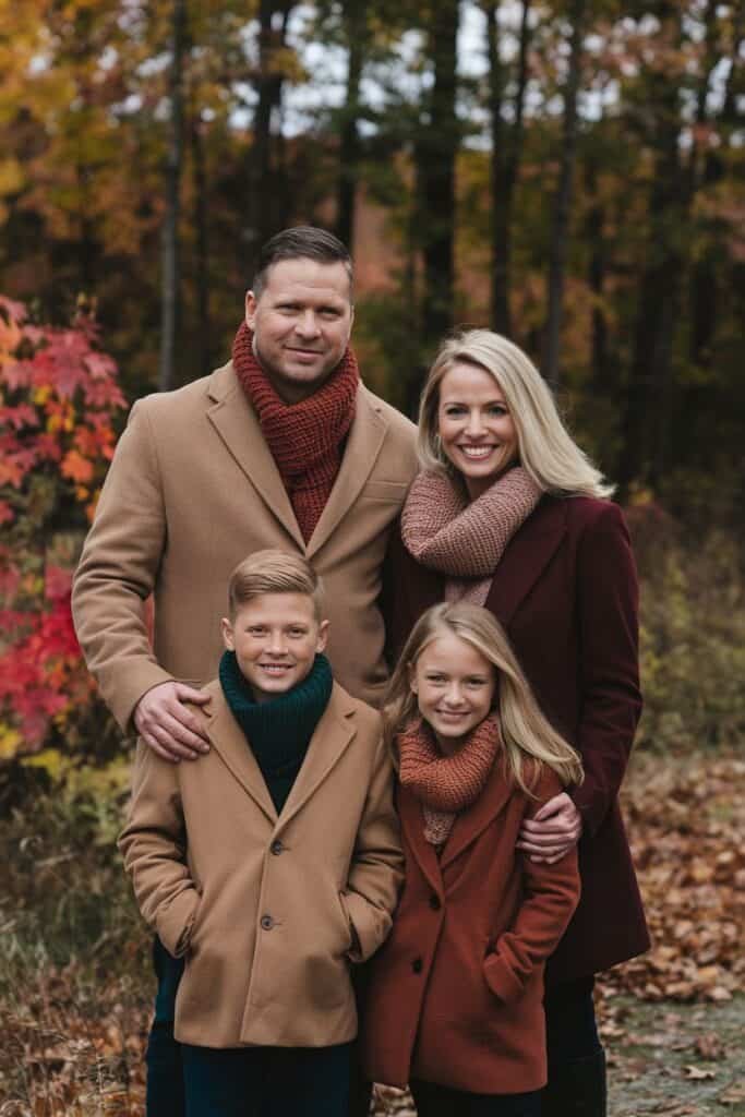 Family portrait in autumn setting, featuring four members dressed in stylish coats and scarves. The backdrop includes colorful fall foliage, creating a cozy and warm atmosphere.