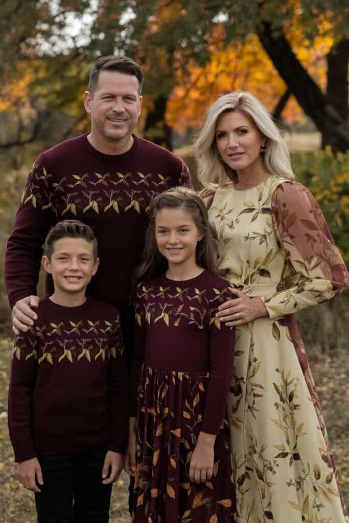 A family portrait featuring four members standing together outdoors in an autumn setting. The father wears a burgundy sweater with leaf patterns, while the mother is dressed in a floral long-sleeve dress. The two children, a boy and a girl, are also in coordinating burgundy outfits with leaf designs. The background showcases vibrant fall foliage, creating a warm and inviting atmosphere.