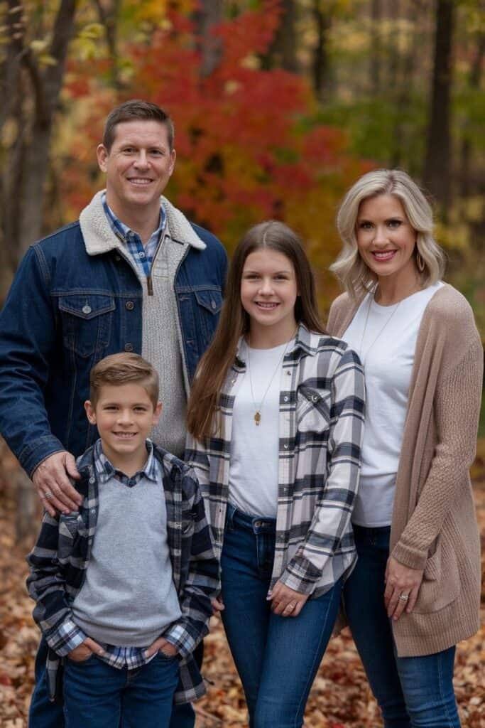 A smiling family of four poses together outdoors in autumn, surrounded by colorful fall foliage. The father wears a denim jacket, the mother is dressed in a cozy cardigan, while the children sport plaid shirts. The scene captures a warm, family-friendly atmosphere perfect for seasonal portraits.