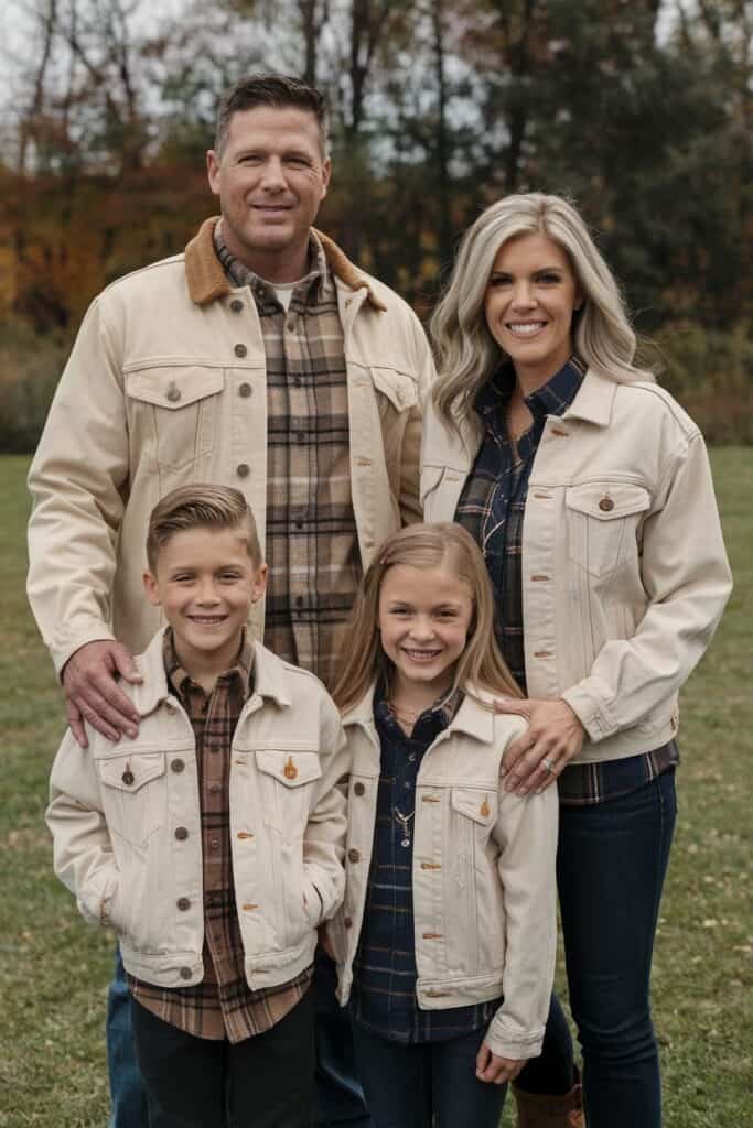 Family portrait featuring four members standing outdoors in a park. The father and mother wear matching light-colored jackets over plaid shirts, while their son and daughter wear similar jackets. The family smiles together, showcasing a warm and joyful atmosphere amidst a backdrop of autumn foliage.