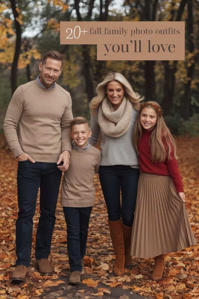 Family in coordinated fall outfits walking on a leaf-covered path, showcasing stylish autumn attire for photos, including sweaters, skirts, and boots, surrounded by colorful fall foliage.