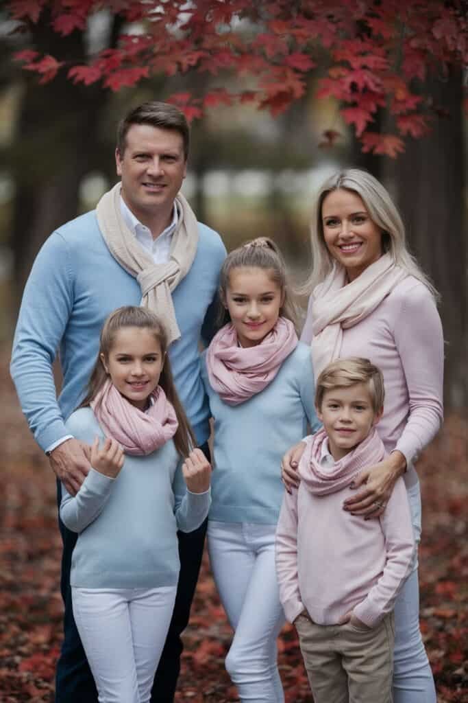 Family portrait in autumn setting, featuring parents and three children wearing coordinated pastel sweaters and scarves, surrounded by colorful fall foliage.