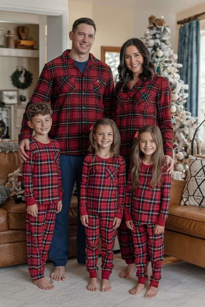 A family of five wearing matching red plaid pajamas poses together in a cozy living room decorated for the holidays, with a Christmas tree in the background.