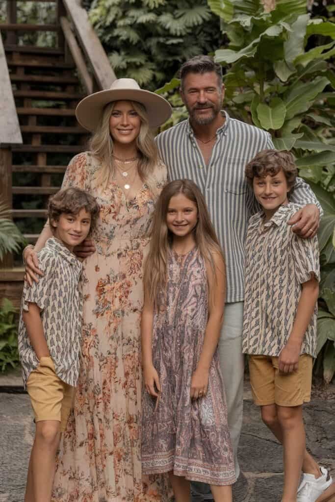 A happy family of five poses together outdoors, surrounded by lush greenery. The mother wears a floral dress and a wide-brimmed hat, while the father is dressed in a striped shirt. Their three children, two boys and a girl, are in casual patterned shirts and dresses. The scene captures a warm, joyful family moment in a natural setting.