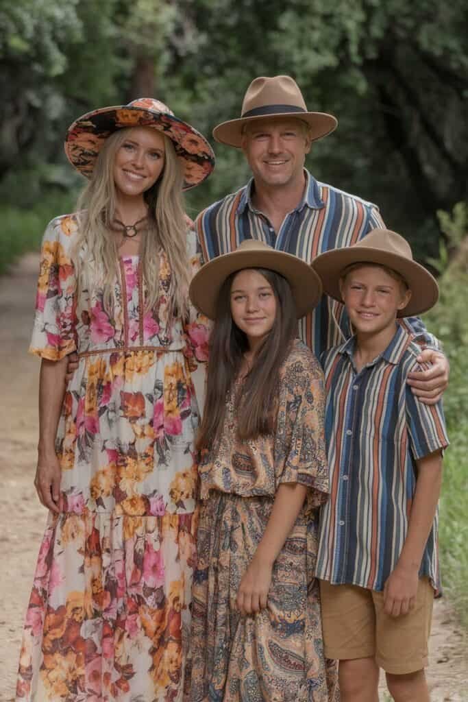 Family portrait featuring four members dressed in stylish summer outfits and hats, standing together on a scenic outdoor path surrounded by greenery. The woman on the left wears a floral maxi dress, while the man on the right is in a striped shirt. Two children in the center are dressed in patterned clothing, all showcasing a cohesive family style.