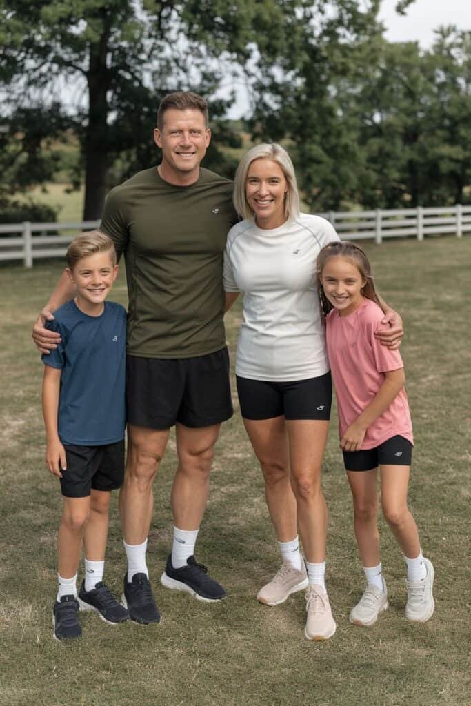 Family portrait featuring two adults and two children outdoors, all wearing athletic clothing and sneakers. The adults are smiling, dressed in fitted tops and shorts, while the children are in colorful t-shirts and shorts. The background includes greenery and a white fence, suggesting a park or recreational area.