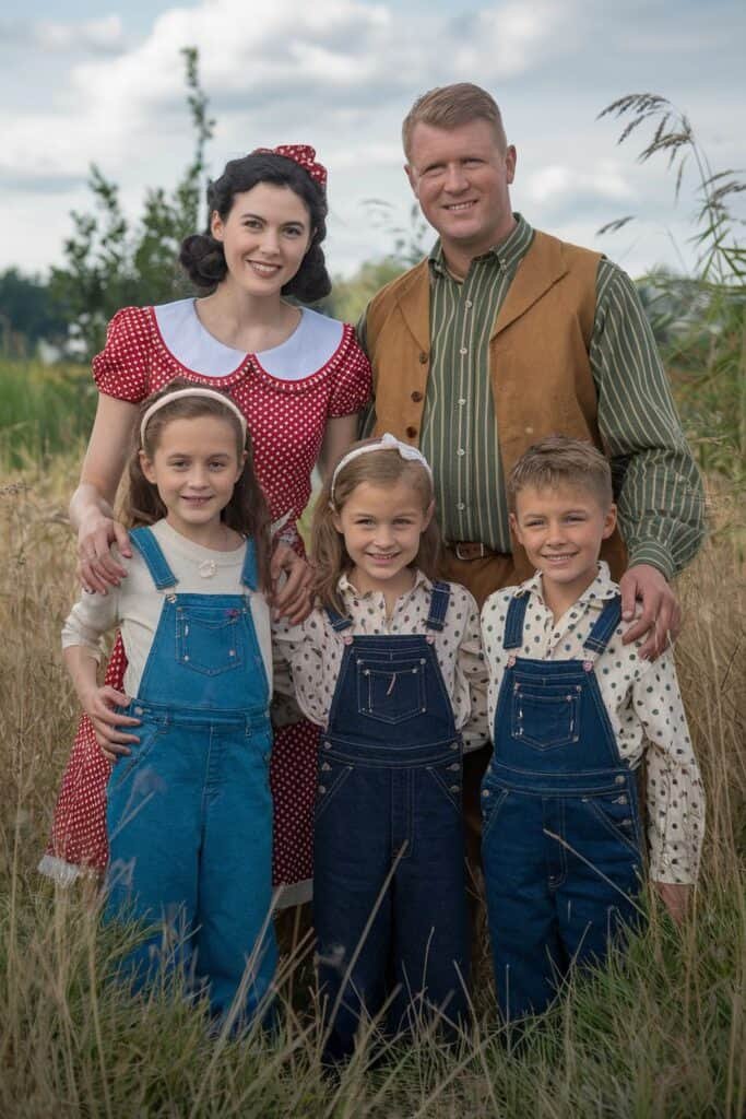 Family portrait of a couple and three children standing in a field, dressed in vintage-style clothing. The woman wears a red polka dot dress with a white collar, while the man is in a green striped shirt and brown vest. The children, two girls and a boy, are wearing denim overalls and patterned shirts, smiling together. The background features tall grass and a cloudy sky, creating a nostalgic rural atmosphere.