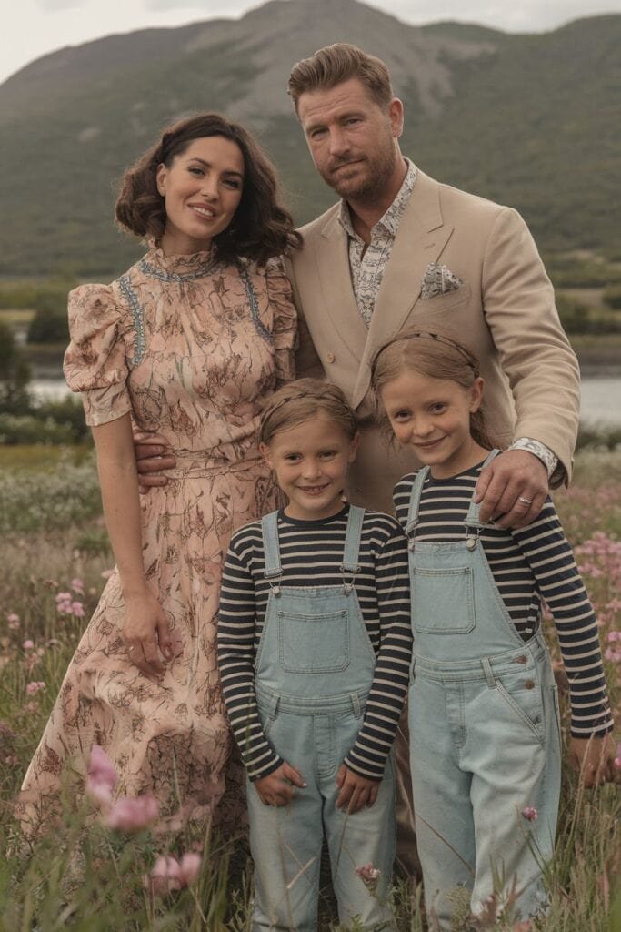 A family portrait featuring a woman in a floral dress, a man in a beige suit, and two children wearing striped shirts and denim overalls, standing together in a field with mountains in the background. The scene captures a warm, candid moment surrounded by nature.