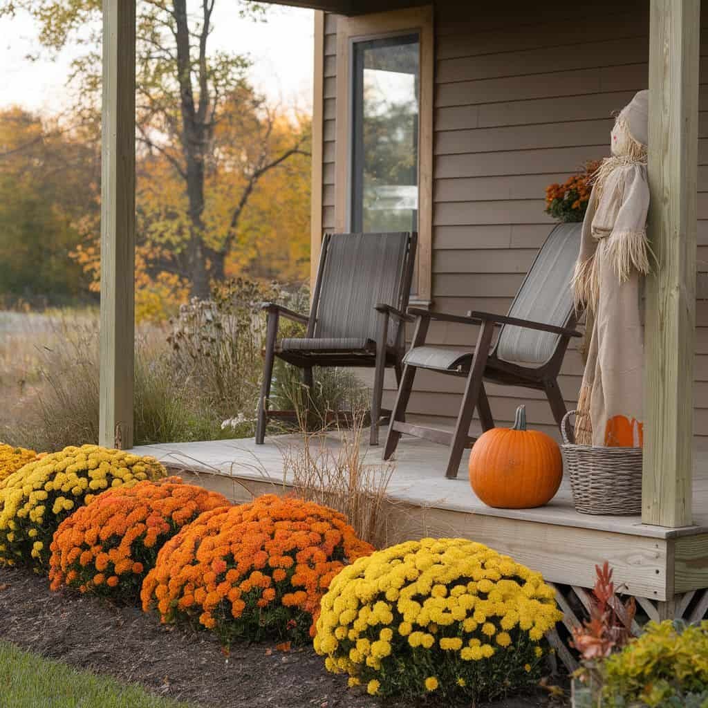 Cozy front porch with two rocking chairs, vibrant orange and yellow mums in bloom, a decorative pumpkin, and a scarecrow, set against an autumn backdrop.