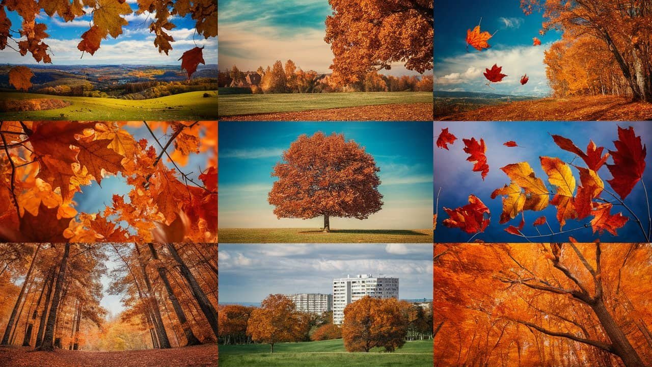 A vibrant collage showcasing autumn scenery, featuring colorful orange and red leaves, a majestic orange tree, and serene landscapes with clear blue skies. The images highlight the beauty of fall foliage, capturing the essence of the season in various natural settings.