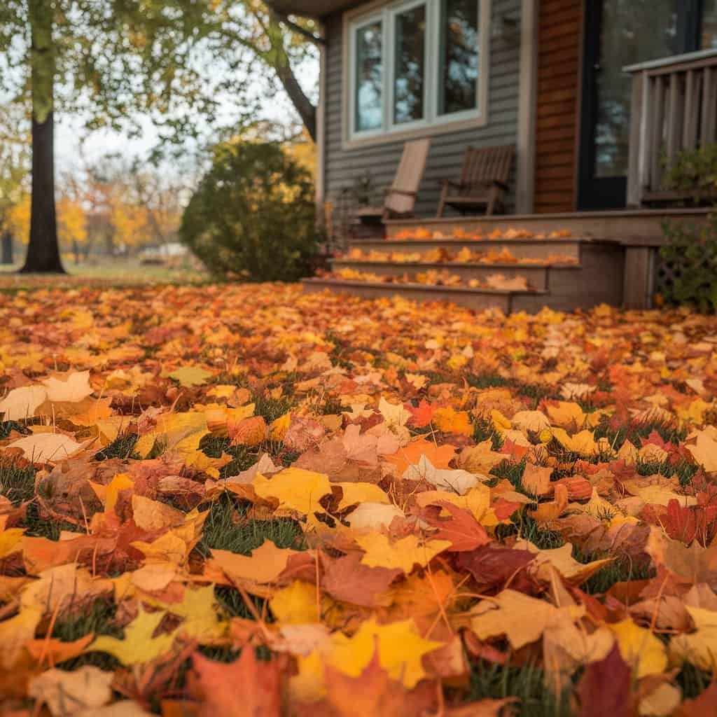 Autumn scene featuring a cozy house surrounded by a vibrant carpet of colorful fallen leaves in shades of orange, yellow, and red, highlighting the beauty of the fall season.