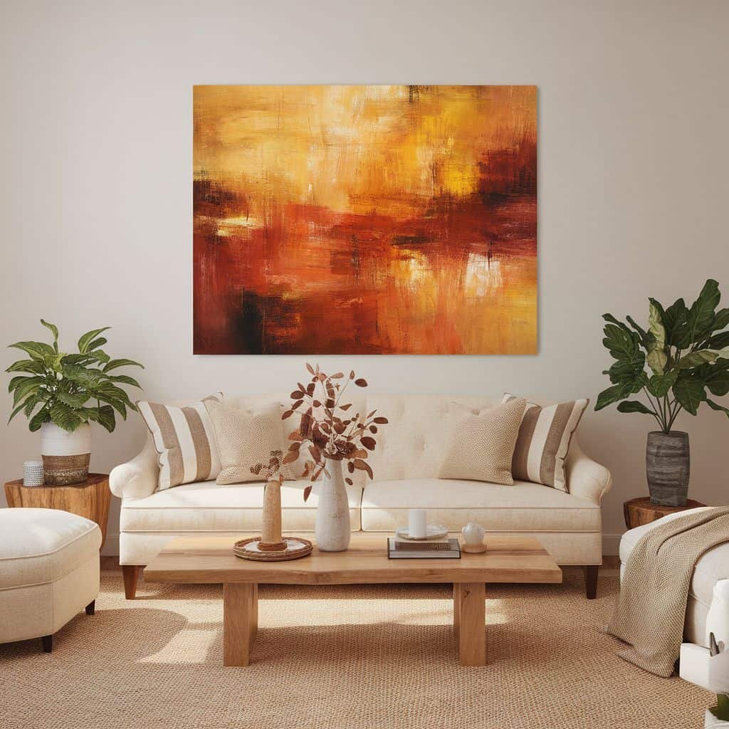 Modern living room featuring an abstract painting in warm tones of orange and gold, complemented by a neutral color palette and natural decor elements.