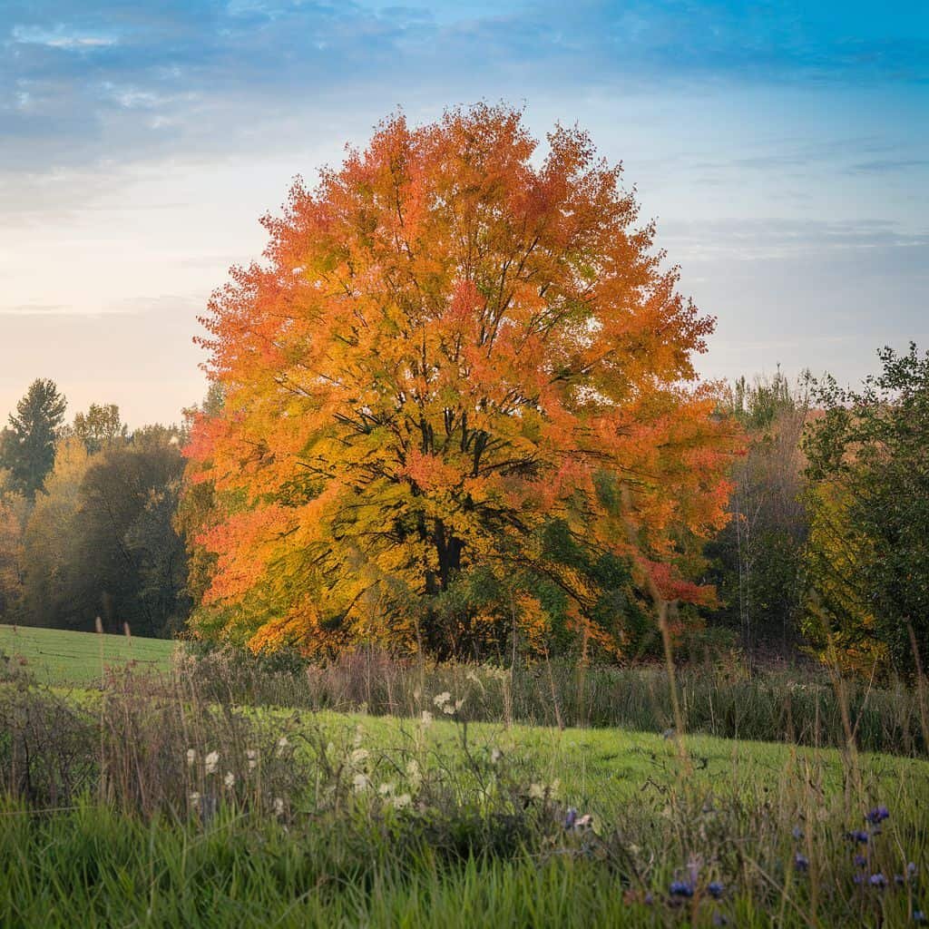 Vibrant autumn tree with orange foliage standing in a lush green field under a clear blue sky, showcasing the beauty of fall season in nature.