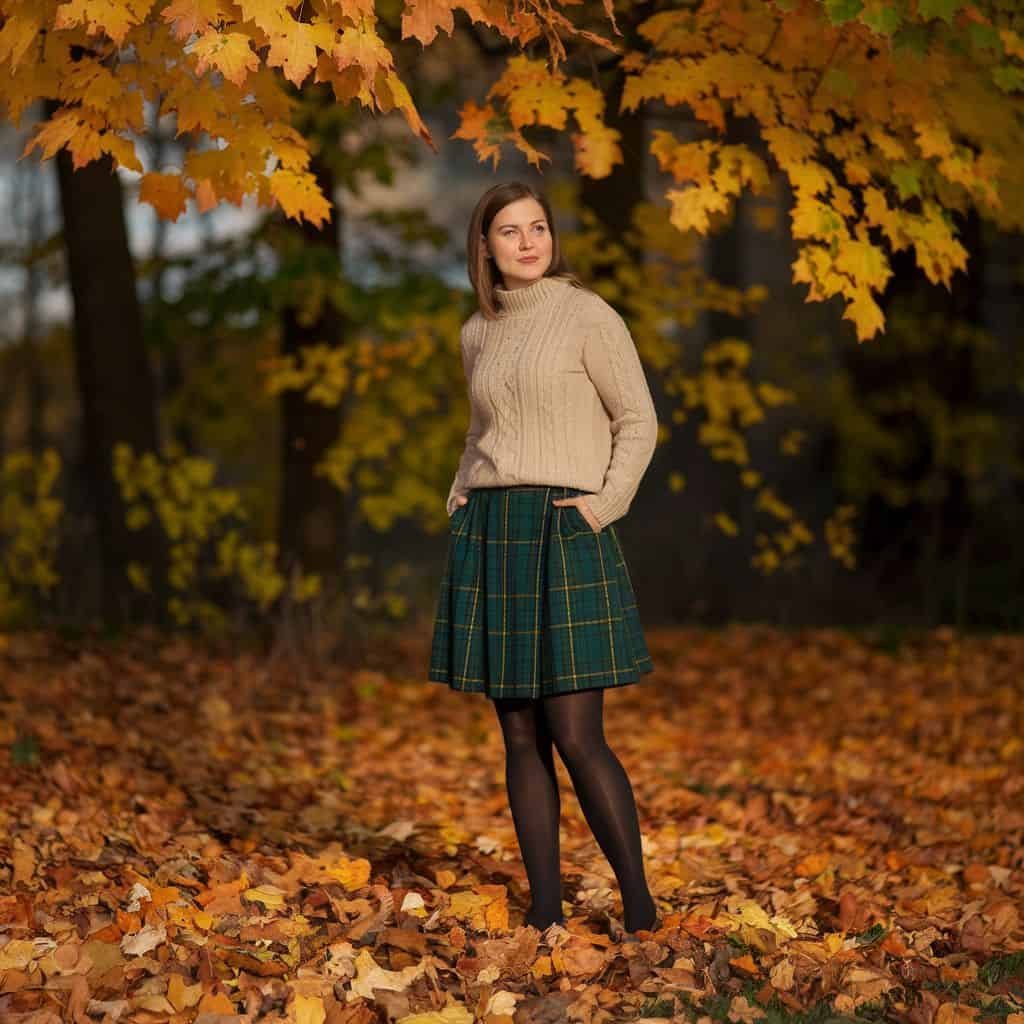 Woman wearing a beige sweater and a green skirt stands in a forest during autumn, surrounded by vibrant orange and yellow leaves on the ground.