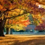 A scenic view of a house surrounded by vibrant autumn foliage, featuring colorful leaves in shades of orange, red, and yellow, with a golden grassy foreground.