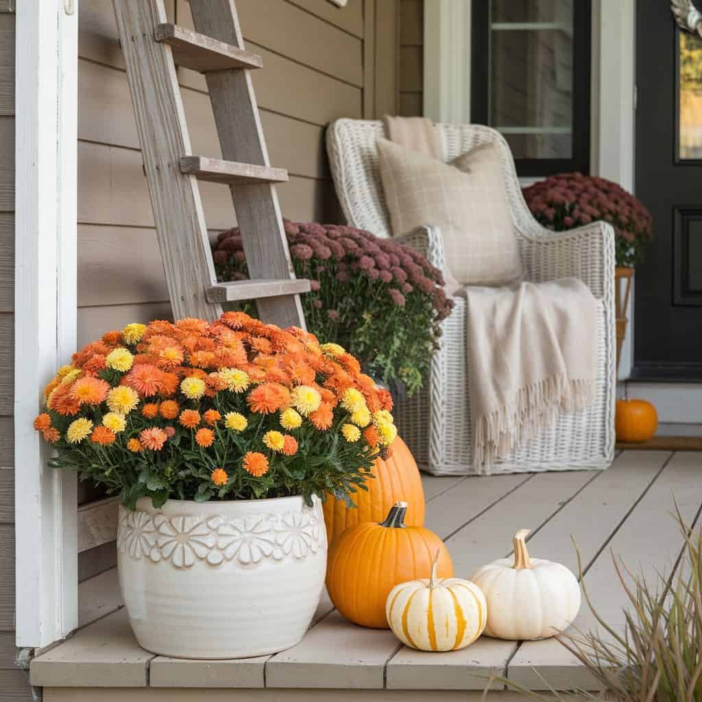 Cozy autumn porch featuring a decorative ladder, a comfortable chair, vibrant orange and yellow chrysanthemums in a white planter, and a collection of pumpkins, creating a welcoming seasonal atmosphere.