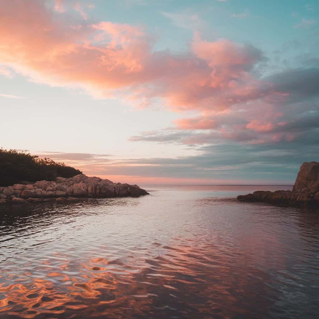 Serene coastal landscape at sunset with pink and blue clouds reflecting on calm water, framed by rocky shorelines.