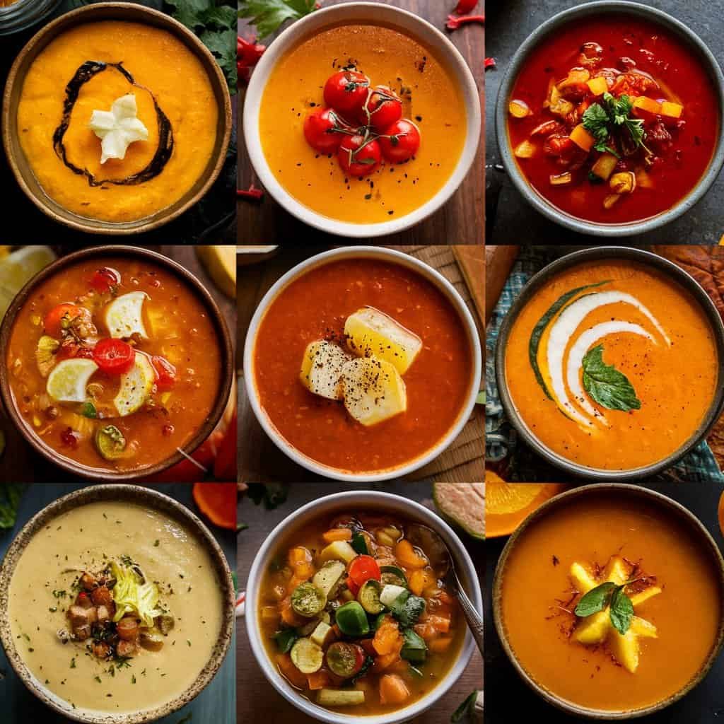 A colorful assortment of nine different soups in bowls, showcasing a variety of ingredients and garnishes, including tomatoes, cream, herbs, and vegetables, arranged in a visually appealing grid pattern.