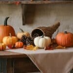 Autumn-themed display featuring a cornucopia filled with pinecones, surrounded by a variety of pumpkins in orange, white, and yellow hues, set on a rustic table with fall leaves.