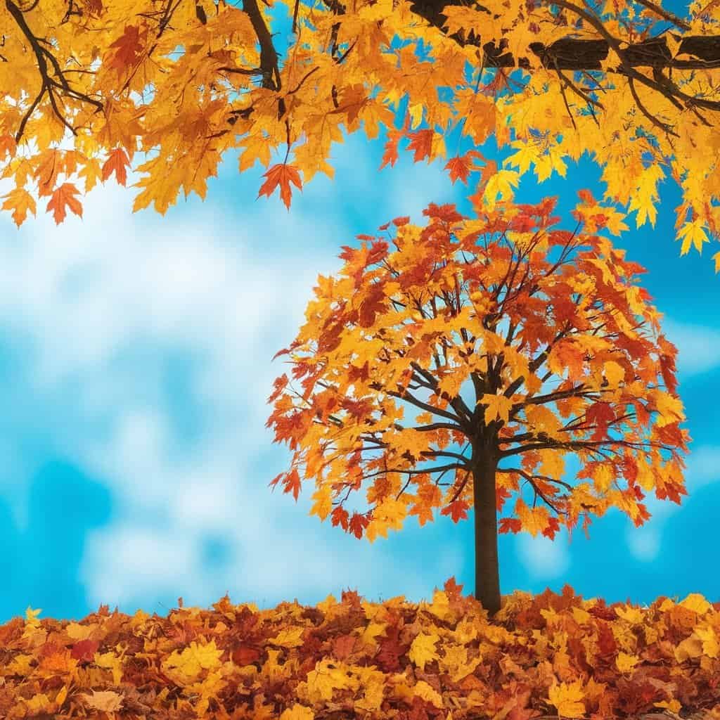 Vibrant autumn landscape featuring a lone tree with bright orange and yellow leaves against a clear blue sky, surrounded by fallen leaves on the ground.