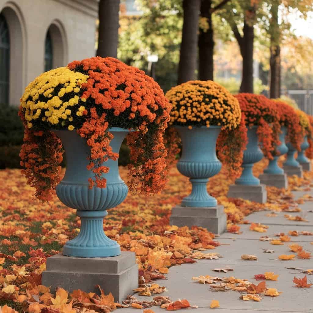 Colorful autumn chrysanthemums in blue urns line a pathway, surrounded by fallen leaves, creating a vibrant seasonal display.