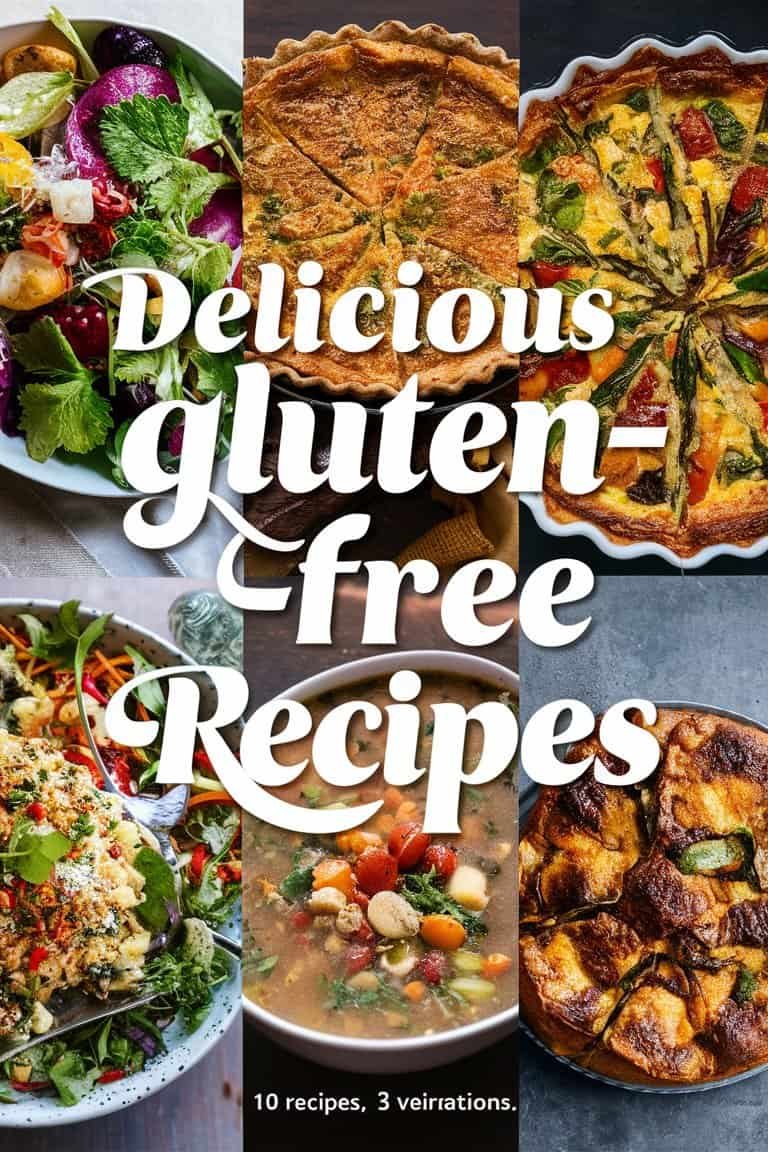 A collage of various delicious gluten-free dishes, featuring colorful salads, savory baked goods, and hearty meals, showcasing diverse gluten-free recipes for healthy eating.